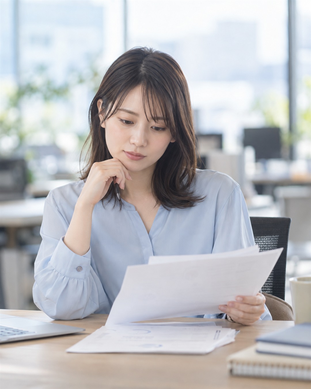 明るいオフィスで手元の資料を見ながら考える20代の女性
